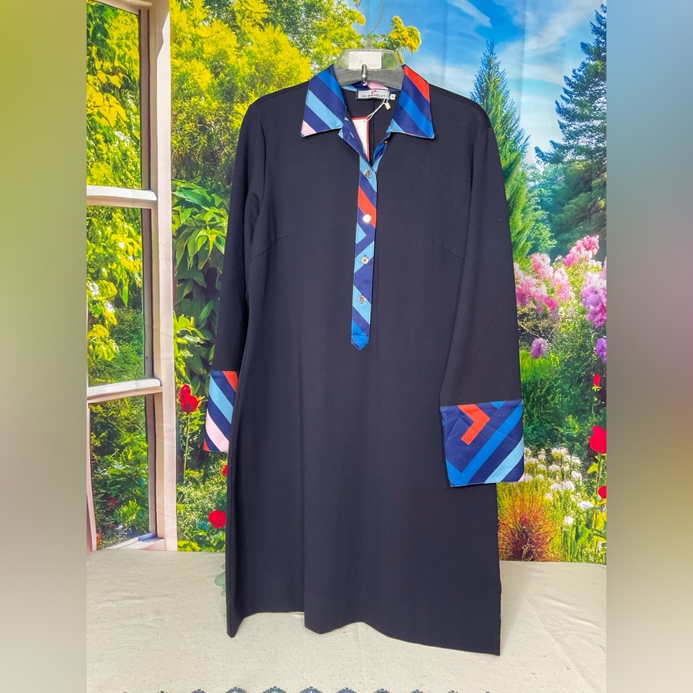 Long Sleeve Navy Dress with Striped Trim